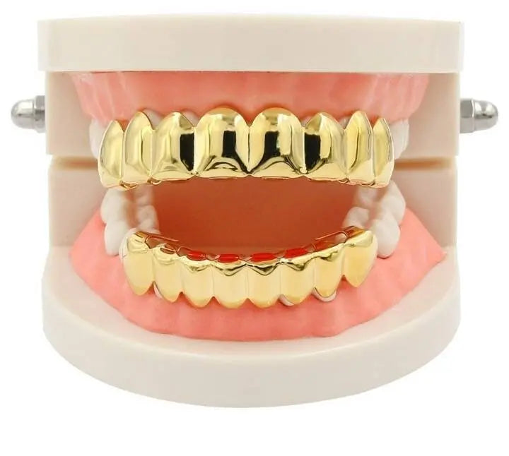 14K Gold Plated Gold Finish 6 Top Teeth 6 Bottom Tooth Hip Hop Mouth Grills for Men and Women JettsJewelers