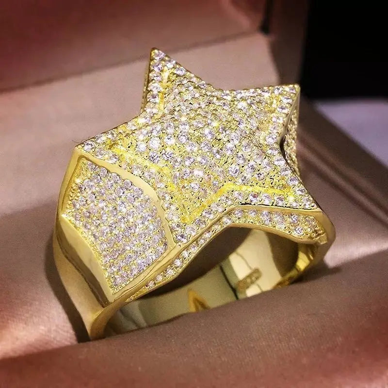 14K Gold Plated Star Iced Out CZ Simulated Diamond Flooded 3D Star Punky Rappers Ring for Men Engagement Hip Hop Jewelry - JettsJewelers