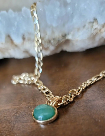 14k Gold Green Aventurine Natural Stone Pendant Necklace (20'' Titanium Chain), Retro Elegant Temperament Style Necklace - JettsJewelers