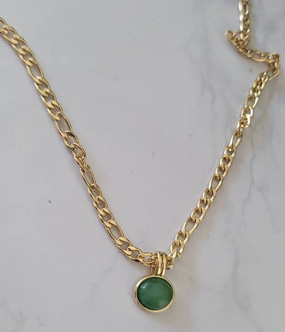 14k Gold Green Aventurine Natural Stone Pendant Necklace (20'' Titanium Chain), Retro Elegant Temperament Style Necklace - JettsJewelers
