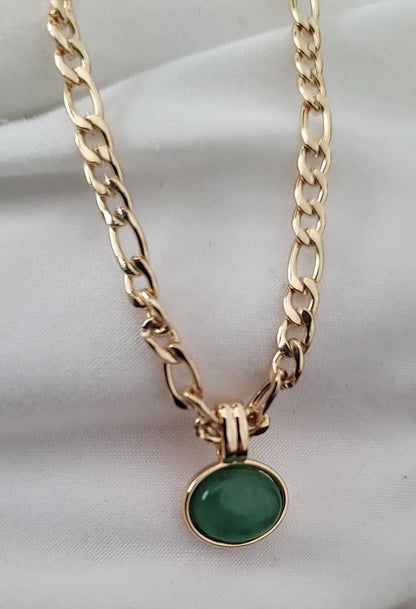 14k Gold Green Aventurine Natural Stone Pendant Necklace (20'' Titanium Chain), Retro Elegant Temperament Style Necklace - JettsJewelers