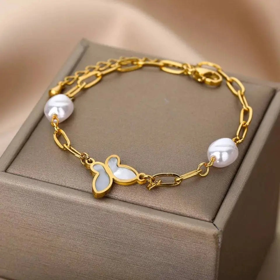 14k Gold Imitation Plated Pearls Bracelets Butterfly Bracelet Jewelry Gift for Women and Girls - JettsJewelers
