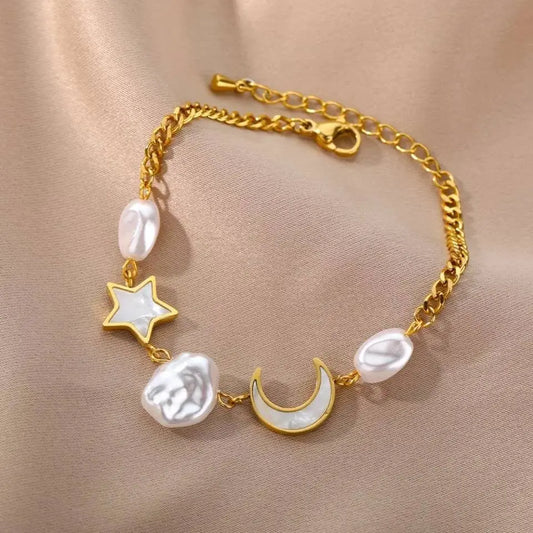 14k Gold Plated Moon and Star Imitation Pearls Bracelets Bracelet Jewelry Gift for Women and Girls - JettsJewelers