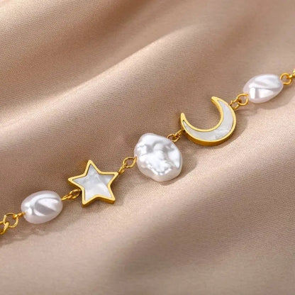 14k Gold Plated Moon and Star Imitation Pearls Bracelets Bracelet Jewelry Gift for Women and Girls - JettsJewelers
