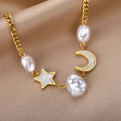 14k Gold Plated Moon and Star Imitation Pearls Bracelets Bracelet Jewelry Gift for Women and Girls - JettsJewelers