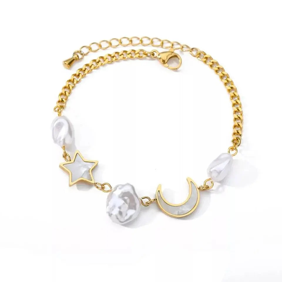 14k Gold Plated Moon and Star Imitation Pearls Bracelets Bracelet Jewelry Gift for Women and Girls - JettsJewelers