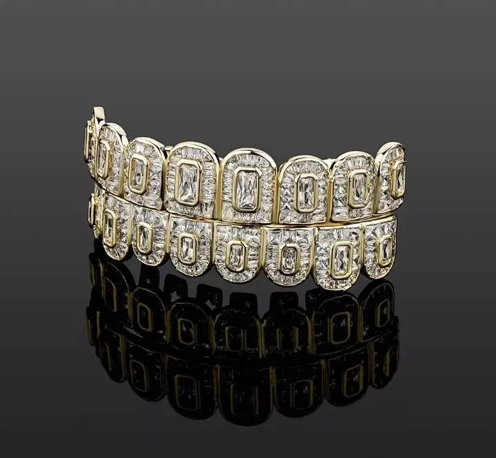 14k White Gold Plated Rose Custom Baguette Iced Out 8 Top and 8 Bottom Grills for Your Teeth Hip Hop Men - JettsJewelers