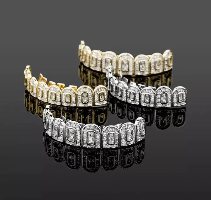 14k White Gold Plated Rose Custom Baguette Iced Out 8 Top and 8 Bottom Grills for Your Teeth Hip Hop Men - JettsJewelers