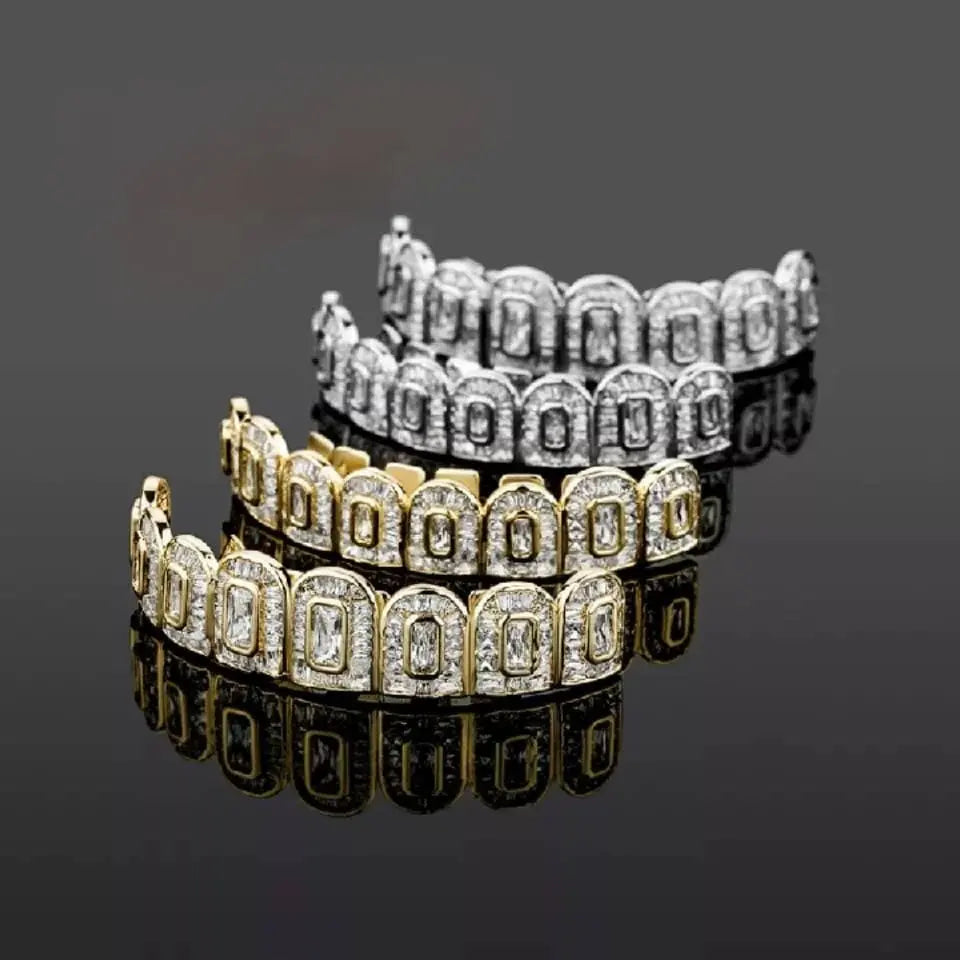 14k White Gold Plated Rose Custom Baguette Iced Out 8 Top and 8 Bottom Grills for Your Teeth Hip Hop Men - JettsJewelers