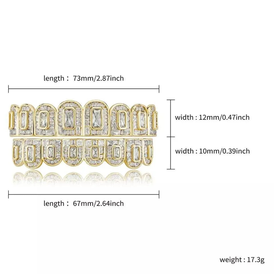 14k White Gold Plated Rose Custom Baguette Iced Out 8 Top and 8 Bottom Grills for Your Teeth Hip Hop Men - JettsJewelers