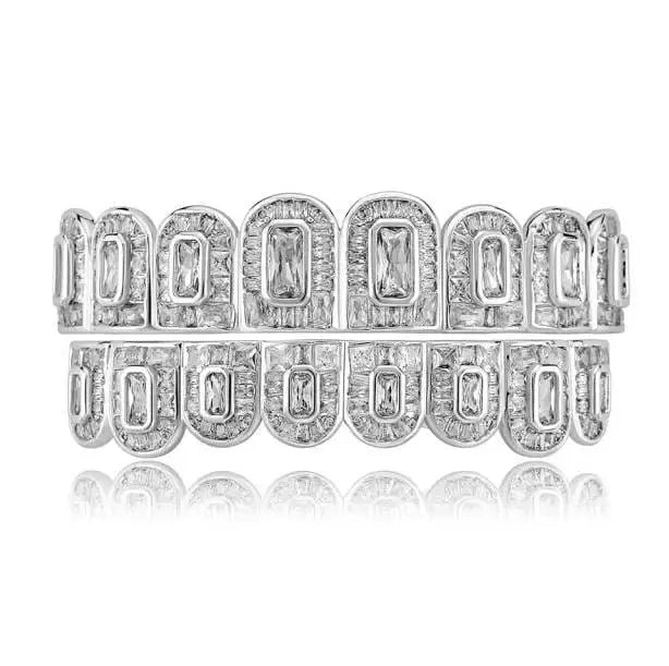 14k White Gold Plated Rose Custom Baguette Iced Out 8 Top and 8 Bottom Grills for Your Teeth Hip Hop Men - JettsJewelers