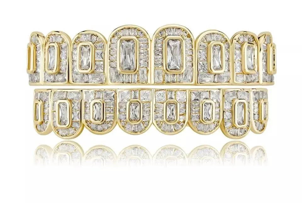 14k White Gold Plated Rose Custom Baguette Iced Out 8 Top and 8 Bottom Grills for Your Teeth Hip Hop Men - JettsJewelers