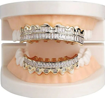 14k White Gold Plated Rose Gold Custom Baguette Iced Out Top and Bottom Grills for Your Teeth Hip Hop Men - JettsJewelers
