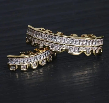 14k White Gold Plated Rose Gold Custom Baguette Iced Out Top and Bottom Grills for Your Teeth Hip Hop Men - JettsJewelers