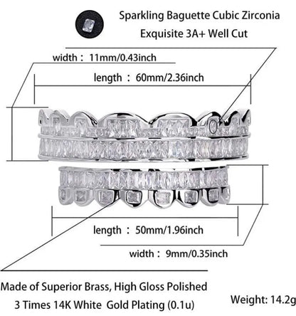 14k White Gold Plated Rose Gold Custom Baguette Iced Out Top and Bottom Grills for Your Teeth Hip Hop Men - JettsJewelers