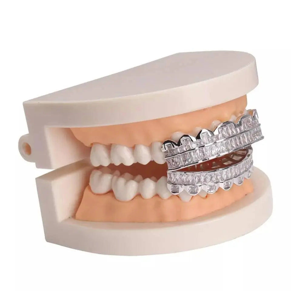 14k White Gold Plated Rose Gold Custom Baguette Iced Out Top and Bottom Grills for Your Teeth Hip Hop Men - JettsJewelers