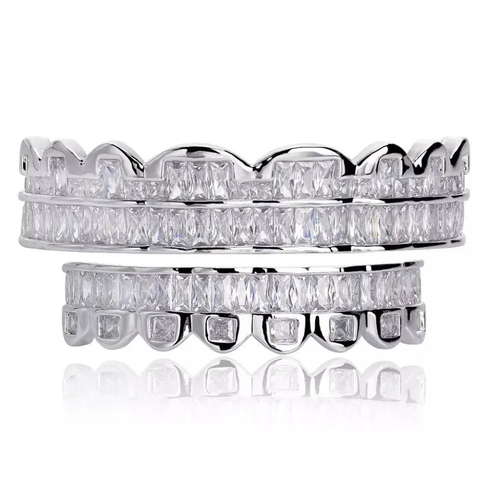 14k White Gold Plated Rose Gold Custom Baguette Iced Out Top and Bottom Grills for Your Teeth Hip Hop Men - JettsJewelers