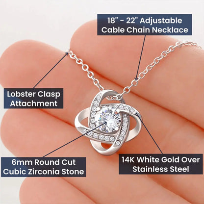 14k white gold, 18k yellow gold CZ Love Knot Necklace JettsJewelers