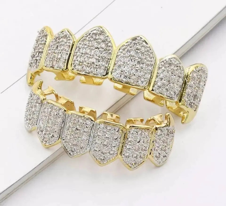 18K Fang Gold Plated Iced Out Simulated 6 Top and Bottom Diamond Grills Hip-hop - JettsJewelers