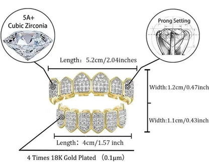 18K Fang Gold Plated Iced Out Simulated 6 Top and Bottom Diamond Grills Hip-hop - JettsJewelers