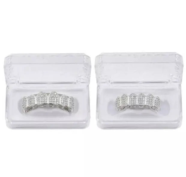18K Fang Gold Plated Iced Out Simulated 6 Top and Bottom Diamond Grills Hip-hop - JettsJewelers