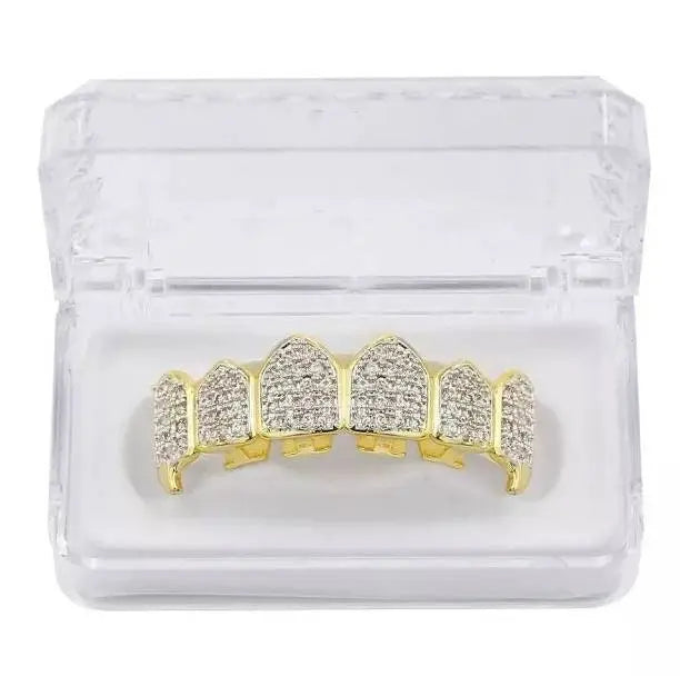 18K Fang Gold Plated Iced Out Simulated 6 Top and Bottom Diamond Grills Hip-hop - JettsJewelers
