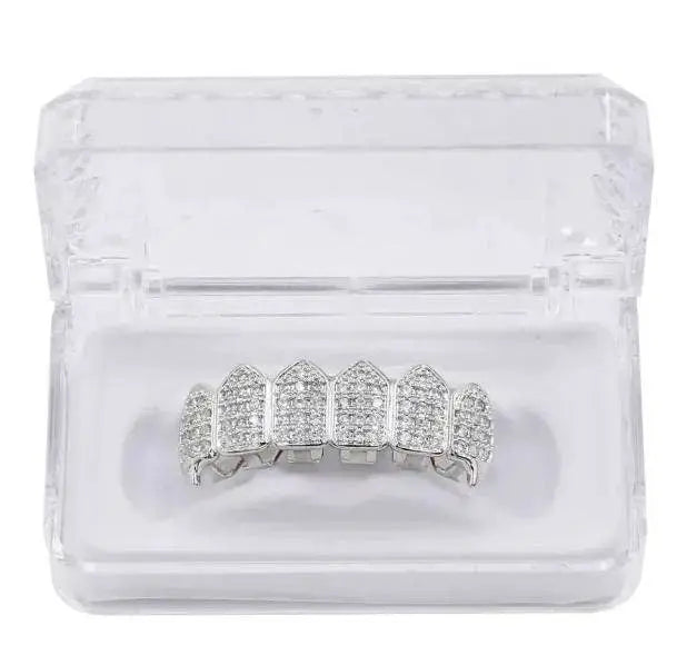 18K Fang Gold Plated Iced Out Simulated 6 Top and Bottom Diamond Grills Hip-hop - JettsJewelers
