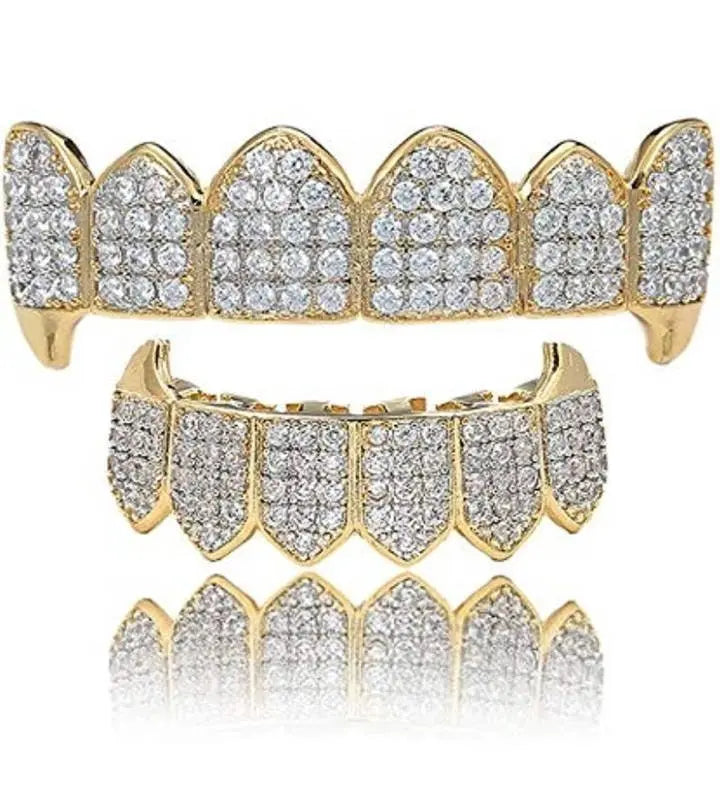 18K Fang Gold Plated Iced Out Simulated 6 Top and Bottom Diamond Grills Hip-hop JettsJewelers