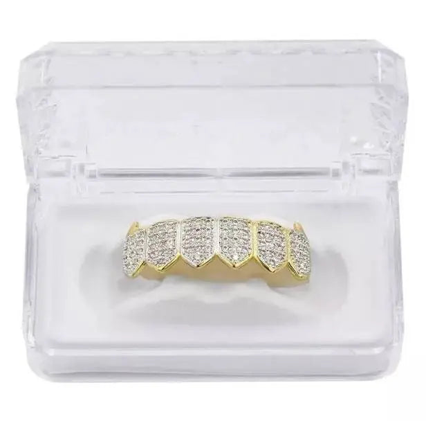 18K Fang Gold Plated Iced Out Simulated 6 Top and Bottom Diamond Grills Hip-hop JettsJewelers