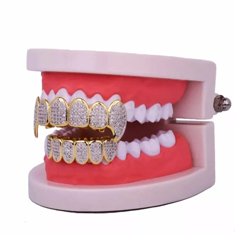 18K Fang Gold Plated Iced Out Simulated 6 Top and Bottom Diamond Grills for Your Teeth - JettsJewelers