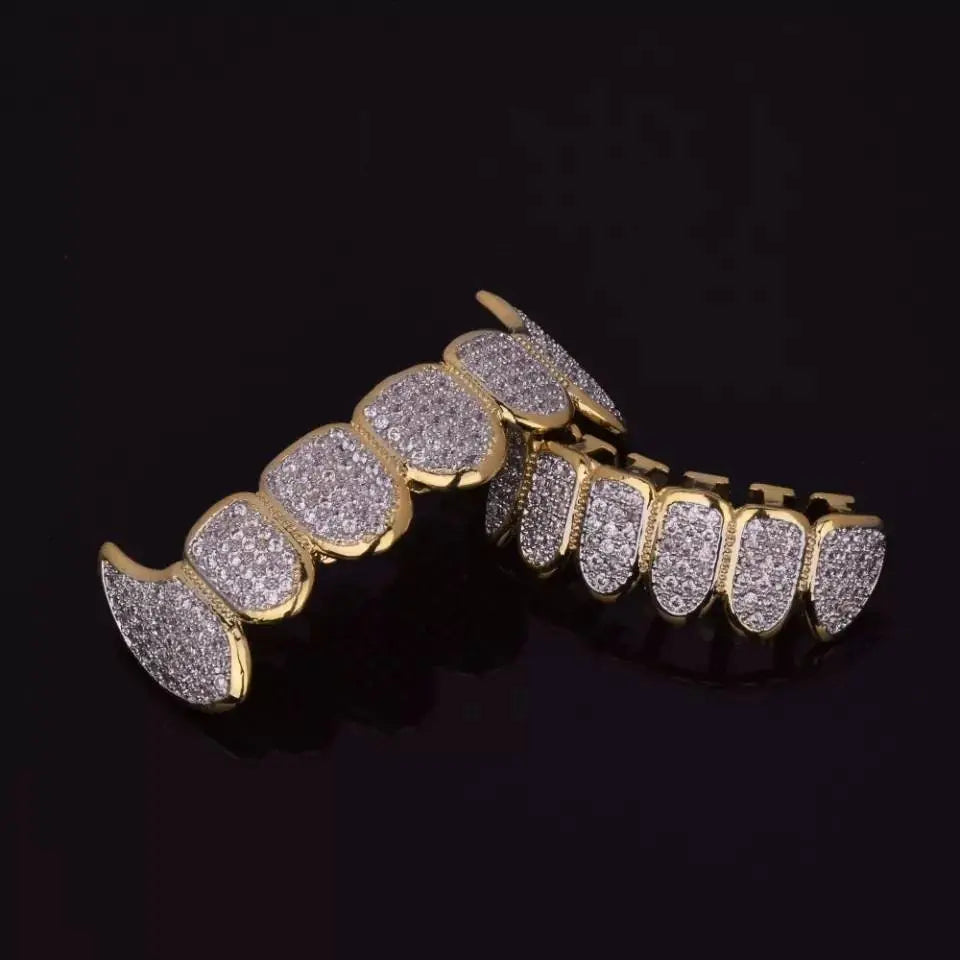 18K Fang Gold Plated Iced Out Simulated 6 Top and Bottom Diamond Grills for Your Teeth - JettsJewelers