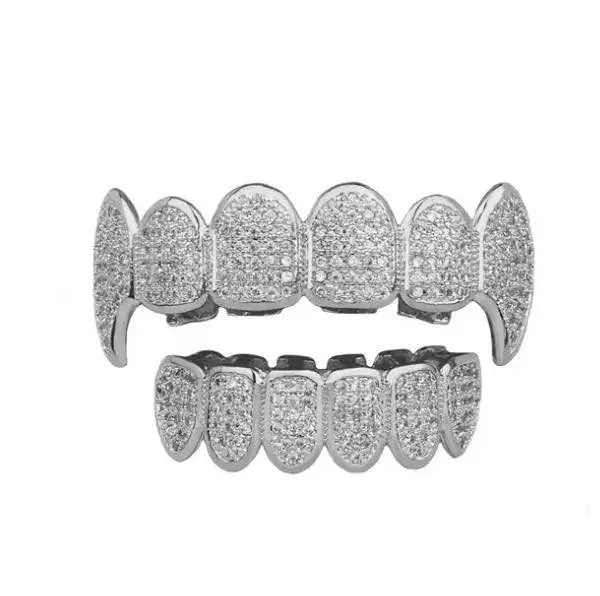 18K Fang Gold Plated Iced Out Simulated 6 Top and Bottom Diamond Grills for Your Teeth - JettsJewelers