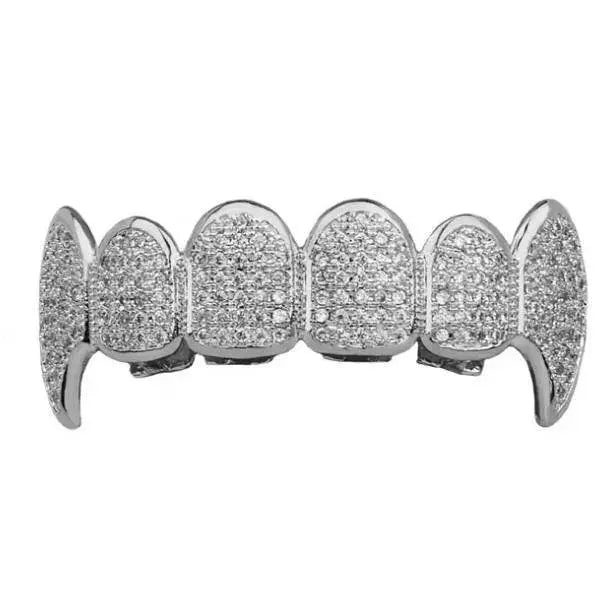 18K Fang Gold Plated Iced Out Simulated 6 Top and Bottom Diamond Grills for Your Teeth - JettsJewelers