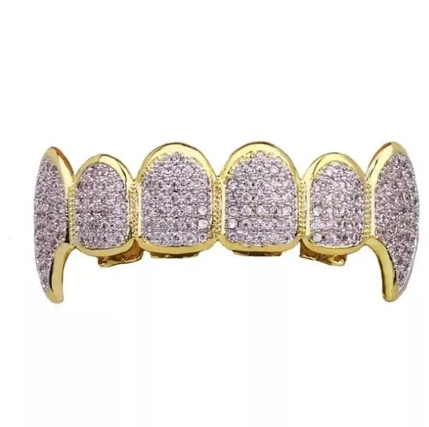 18K Fang Gold Plated Iced Out Simulated 6 Top and Bottom Diamond Grills for Your Teeth - JettsJewelers