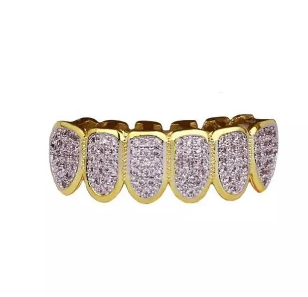 18K Fang Gold Plated Iced Out Simulated 6 Top and Bottom Diamond Grills for Your Teeth - JettsJewelers