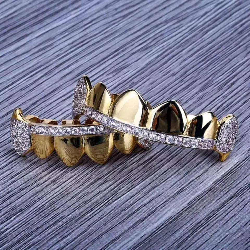 18K Fang Gold and Bling Plated Iced Out Simulated 6 Top and Bottom Diamond Grills for Your Teeth - JettsJewelers