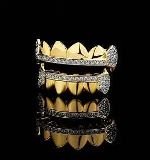 18K Fang Gold and Bling Plated Iced Out Simulated 6 Top and Bottom Diamond Grills for Your Teeth JettsJewelers