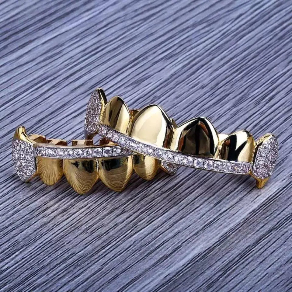 18K Fang Gold and Bling Plated Iced Out Simulated 6 Top and Bottom Diamond Grills for Your Teeth JettsJewelers