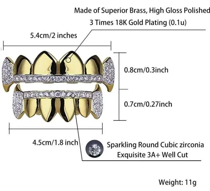 18K Fang Gold and Bling Plated Iced Out Simulated 6 Top and Bottom Diamond Grills for Your Teeth JettsJewelers
