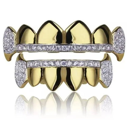 18K Fang Gold and Bling Plated Iced Out Simulated 6 Top and Bottom Diamond Grills for Your Teeth JettsJewelers
