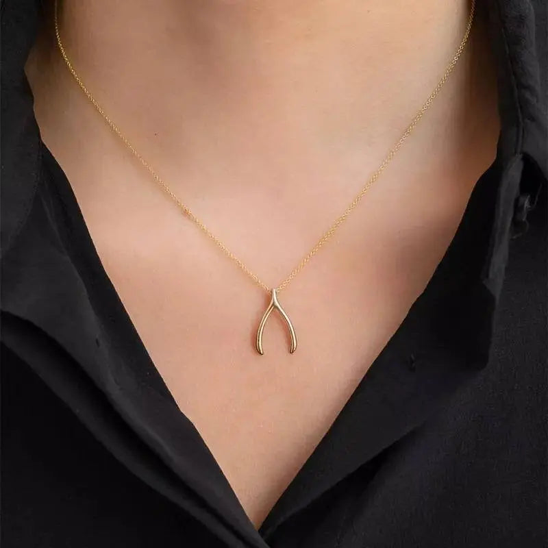 18K Gold Dainty Wishbone Pendant Necklace for Women Stainless Steel Gold Plated Good Luck Charm JettsJewelers