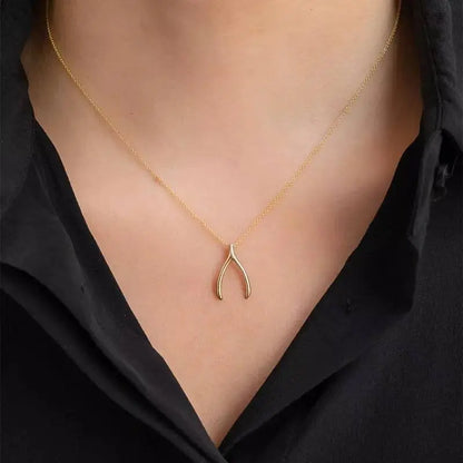 18K Gold Dainty Wishbone Pendant Necklace for Women Stainless Steel Gold Plated Good Luck Charm JettsJewelers