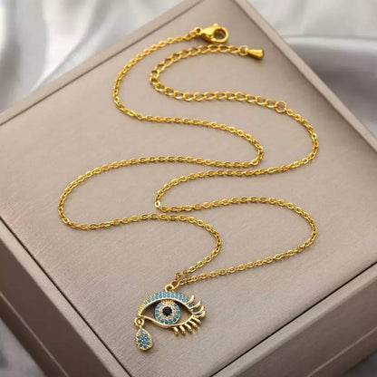 18K Gold Plated Evil Eye Pendant Necklace Clavicle for Women Stainless Steel Gold Plated JettsJewelers