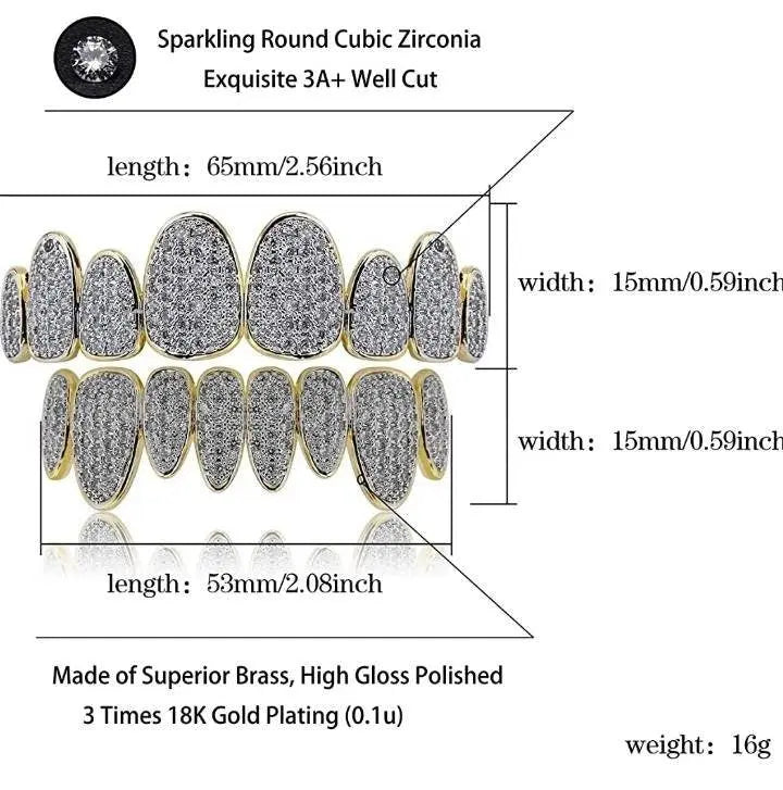 18K Gold Plated Iced Out Simulated 8 Top and Bottom Diamond Grills for Your Teeth - JettsJewelers