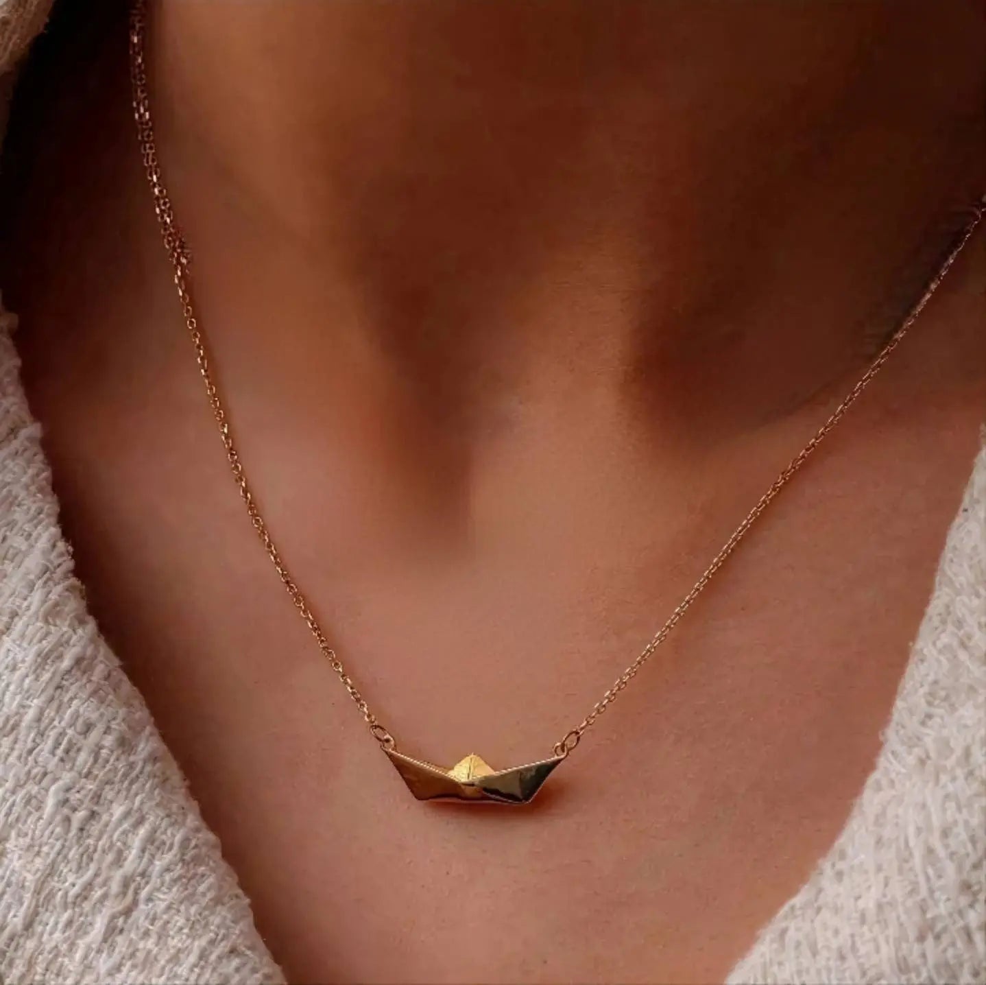 18K Gold Plated Minimalist Paper Boat Pendant Necklace Clavicle for Women Stainless Steel Gold Plated JettsJewelers