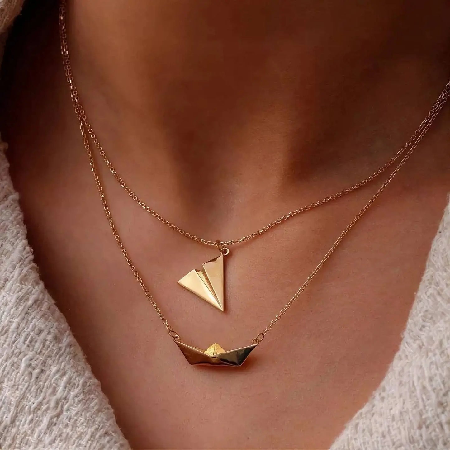 18K Gold Plated Minimalist Paper Boat and Plane Pendant Necklace Clavicle for Women Stainless Steel Gold Plated JettsJewelers