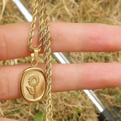 18K Gold Plated Oval Flower Pendant Rope Necklace for Women JettsJewelers