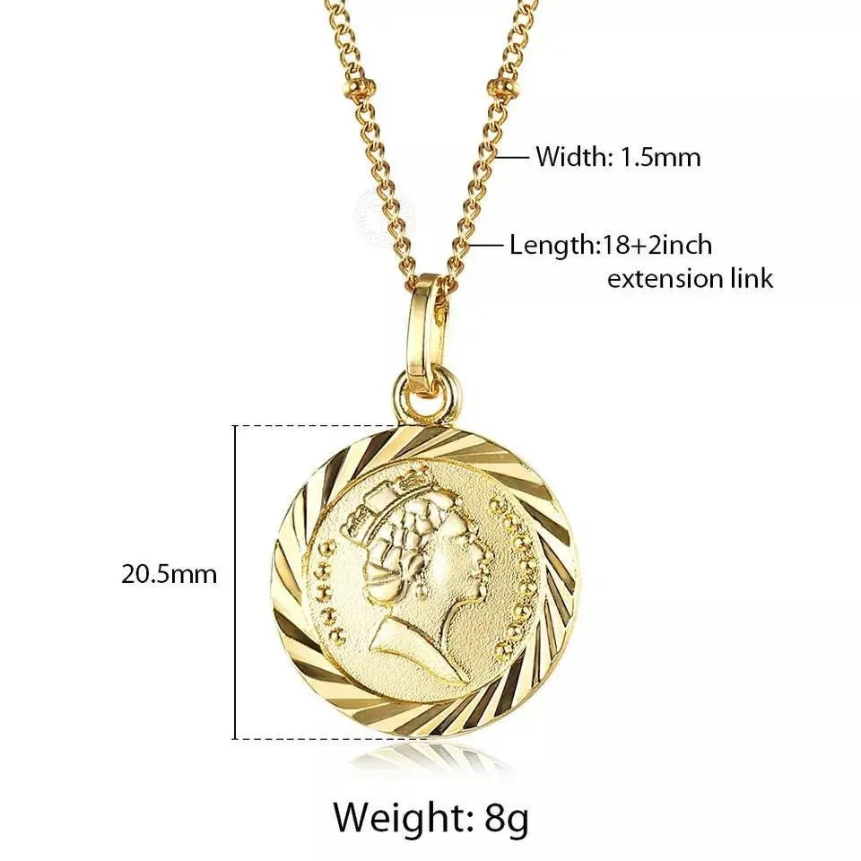 18K Gold Plated Round Queen Elizabeth Pendant Necklace Queen Elizabeth II JettsJewelers