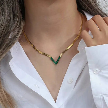 18K Gold Plated V Shape Natural Shell Flat Snake Chain Minimalist Necklace for Women JettsJewelers