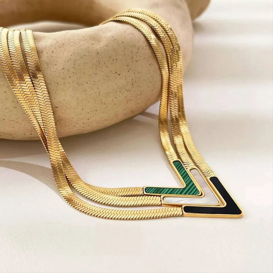 18K Gold Plated V Shape Natural Shell Flat Snake Chain Minimalist Necklace for Women JettsJewelers